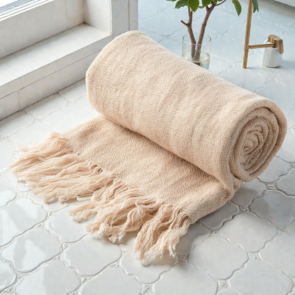 Nordic Linen-Blend Guest Towel - Natural Sand with Fringes